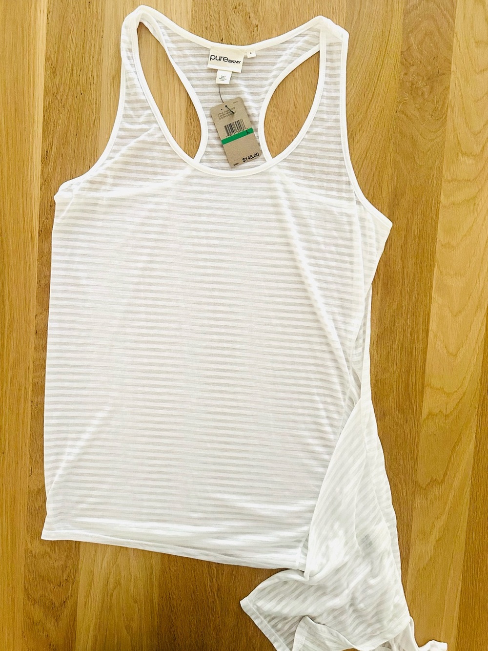 Pure DKNY White Striped tonal flowy asymmetrical Tank, L, New, tagged